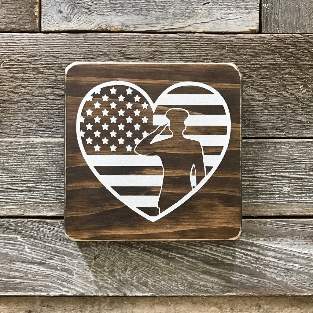 Military Salute American Flag Heart Mini Sign (5.5" x 5.5") TRN23