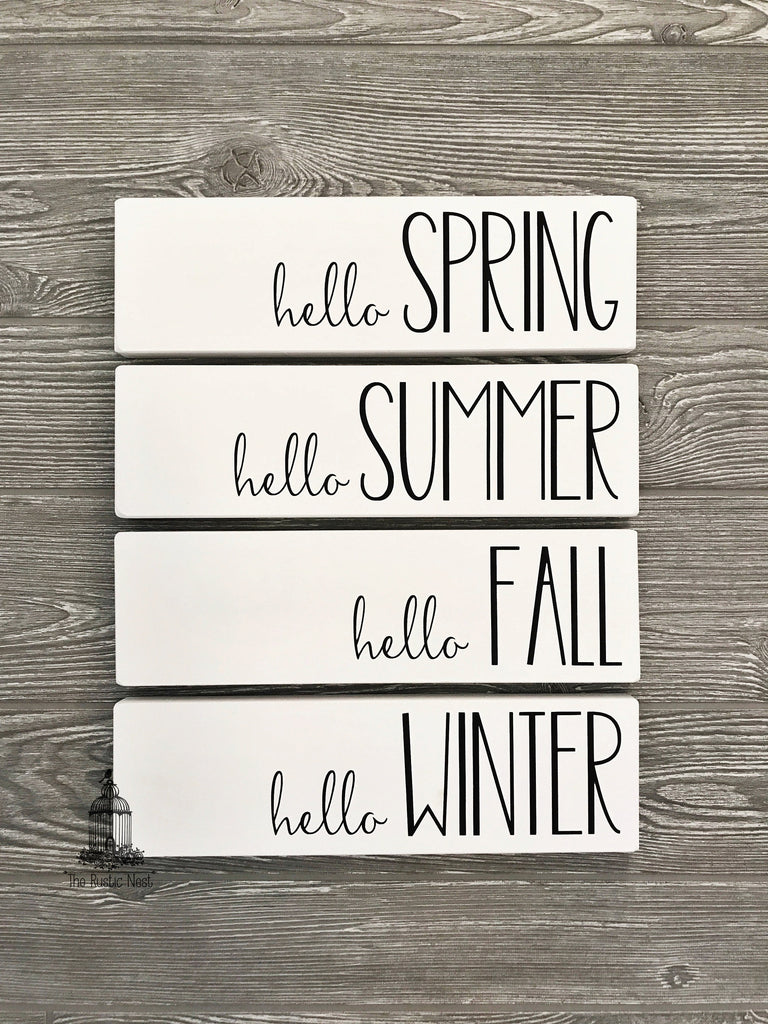 Seasonal Signs, hello spring, hello summer, hello fall, hello winter, Wooden Sign (12" x 3.5")