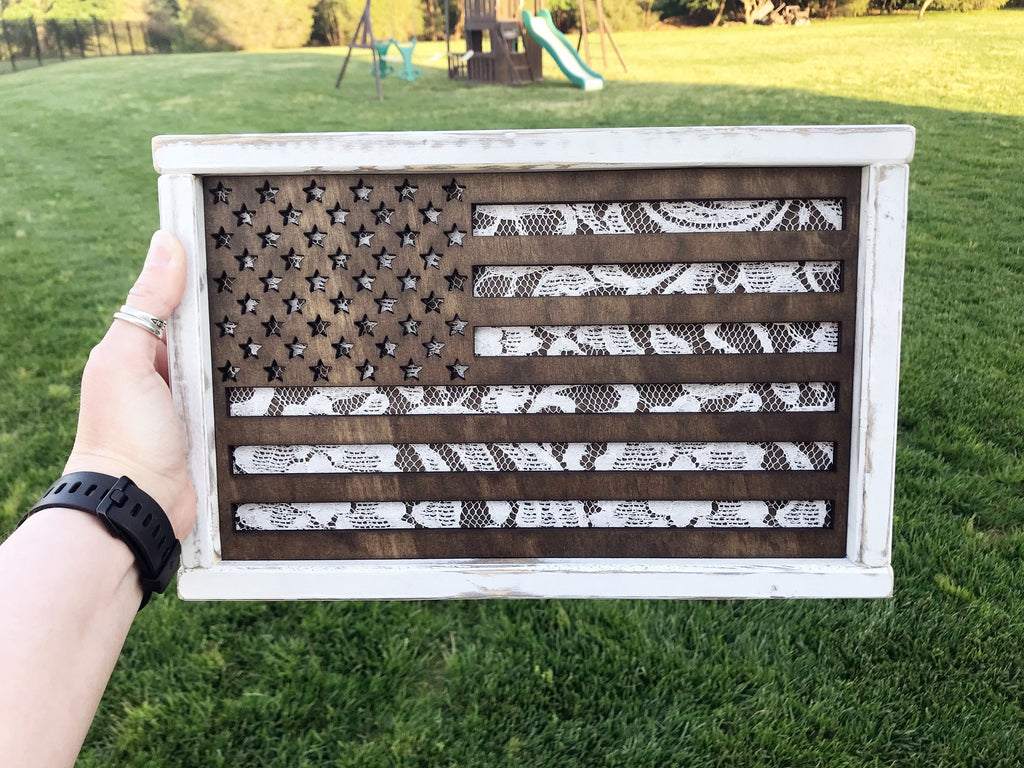 American Flag Sign | USA Flag Sign | American Flag | Wooden Flag | Rustic American Flag Sign | Wood & Lace Flag Sign (13.5" x 8.5") TRN20