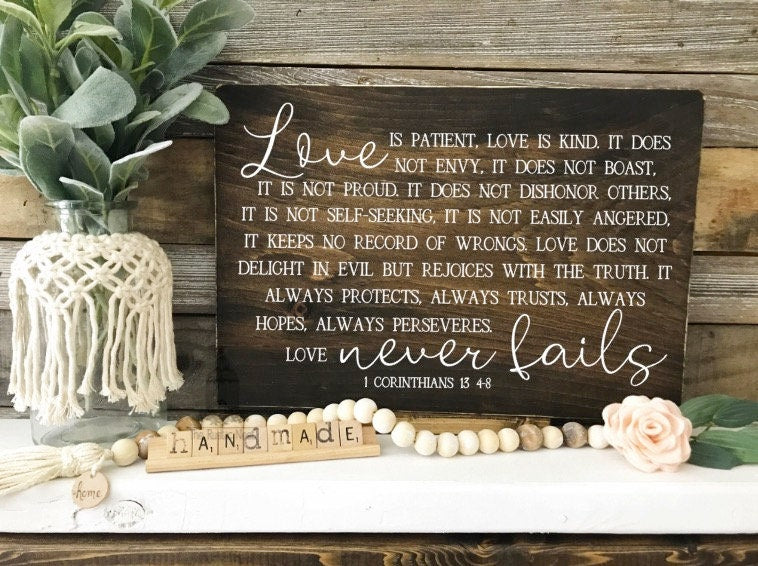 Love is Patient Love is Kind | Love Never Fails | 1 Corinthians 13 | Master Bedroom Sign | Over the Bed Sign | Scripture Sign