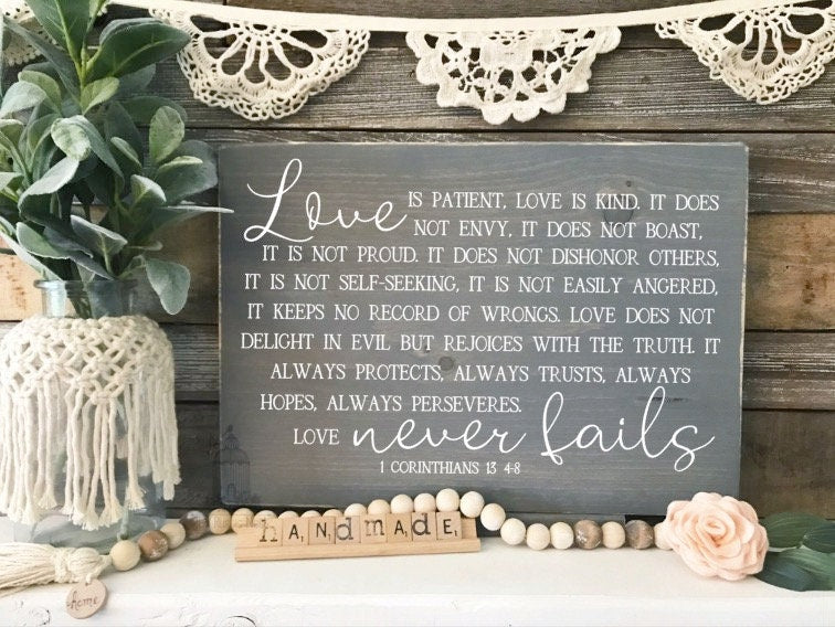 Love is Patient Love is Kind | Love Never Fails | 1 Corinthians 13 | Master Bedroom Sign | Over the Bed Sign | Scripture Sign