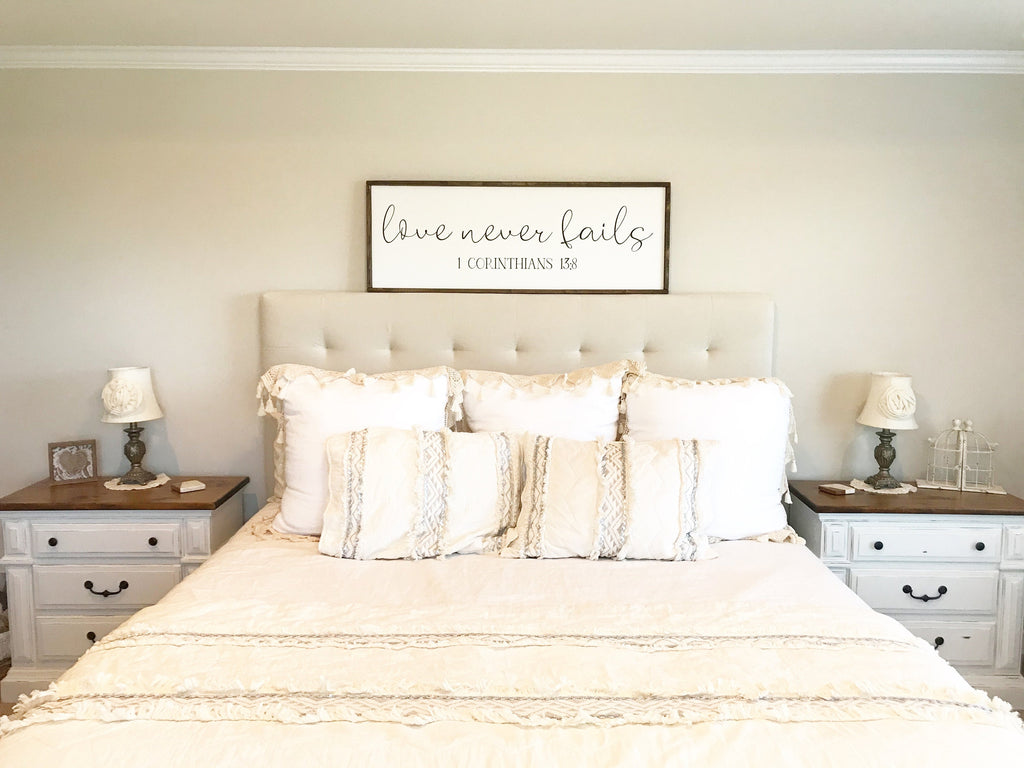 Love Never Fails | 1 Corinthians 13 | Love is Patient Love is Kind | Master Bedroom Sign | Over the Bed Sign | Scripture Sign