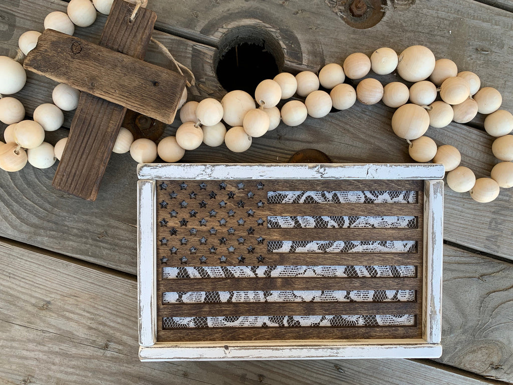 American Flag Sign | USA Flag Sign | American Flag | Wooden Flag | Rustic American Flag Sign | Wood & Lace Flag Sign (13.5" x 8.5") TRN20