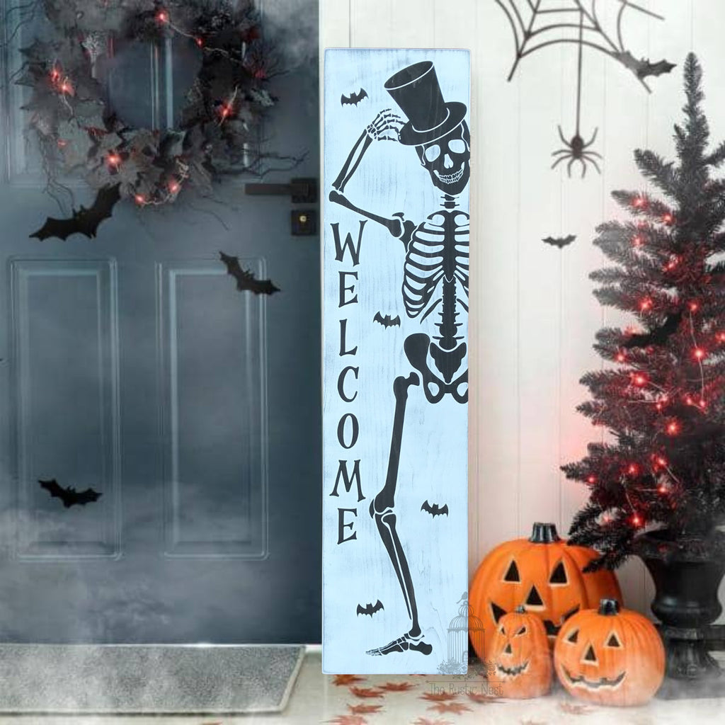 Skeleton Porch Sign | Happy Halloween Porch Sign | Halloween Skeleton Porch Sign | Skeleton Sign | Halloween Porch Sign (48" x 11.25")