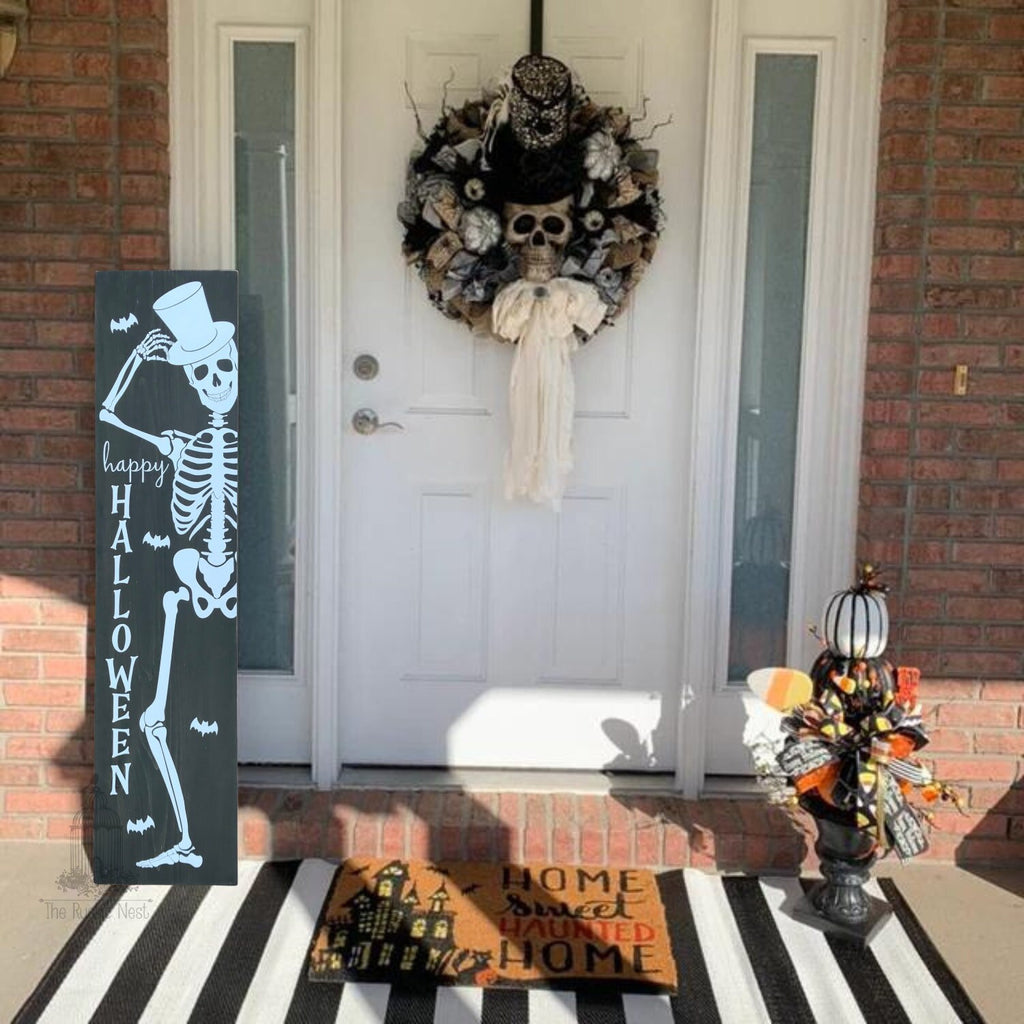 Skeleton Porch Sign | Happy Halloween Porch Sign | Halloween Skeleton Porch Sign | Skeleton Sign | Halloween Porch Sign (48" x 11.25")