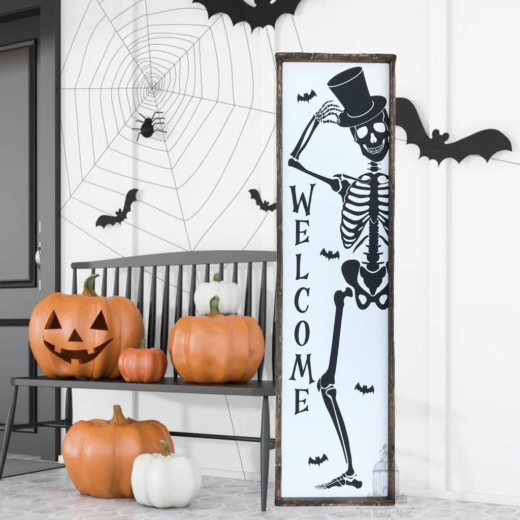 Skeleton Porch Sign | Happy Halloween Porch Sign | Halloween Skeleton Porch Sign | Skeleton Sign | Halloween Porch Sign (48" x 12.5")