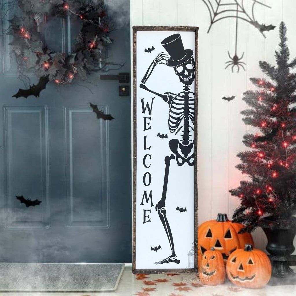 Skeleton Porch Sign | Happy Halloween Porch Sign | Halloween Skeleton Porch Sign | Skeleton Sign | Halloween Porch Sign (48" x 12.5")