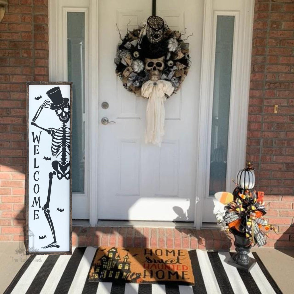 Skeleton Porch Sign | Happy Halloween Porch Sign | Halloween Skeleton Porch Sign | Skeleton Sign | Halloween Porch Sign (48" x 12.5")