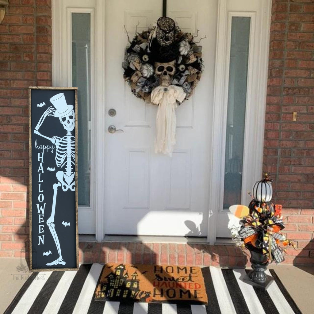 Skeleton Porch Sign | Happy Halloween Porch Sign | Halloween Skeleton Porch Sign | Skeleton Sign | Halloween Porch Sign (48" x 12.5")