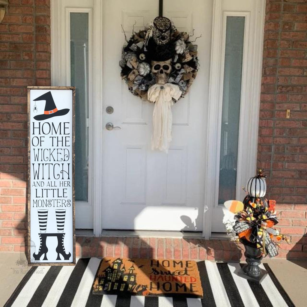 Home of the Wicked Witch and all her little Monsters Halloween Sign Porch Sign| Halloween Porch Sign | Halloween Porch Decor (48" x 12.5")