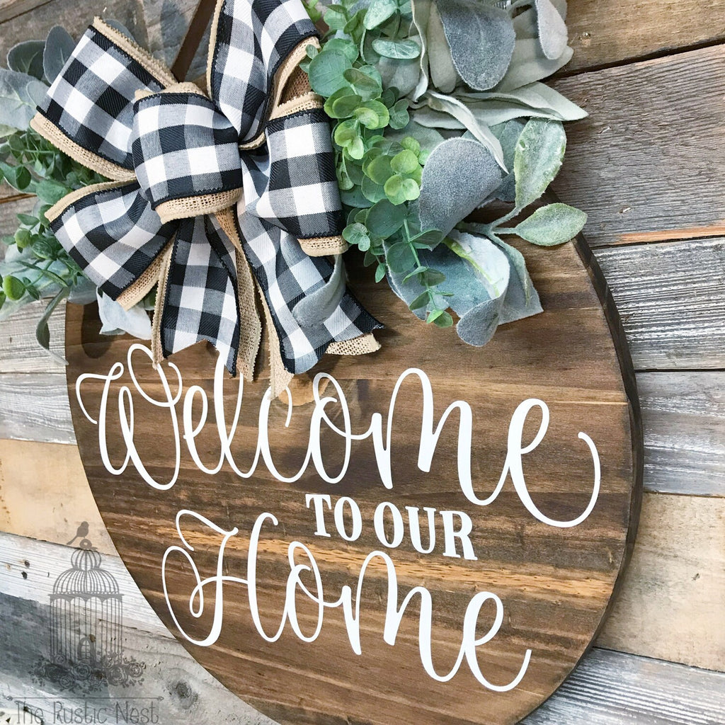 PAINTED Front Door Sign | Welcome to our home front door sign | Door Hanger | Round Door Hanger | Front Door Wreath | Welcome Sign