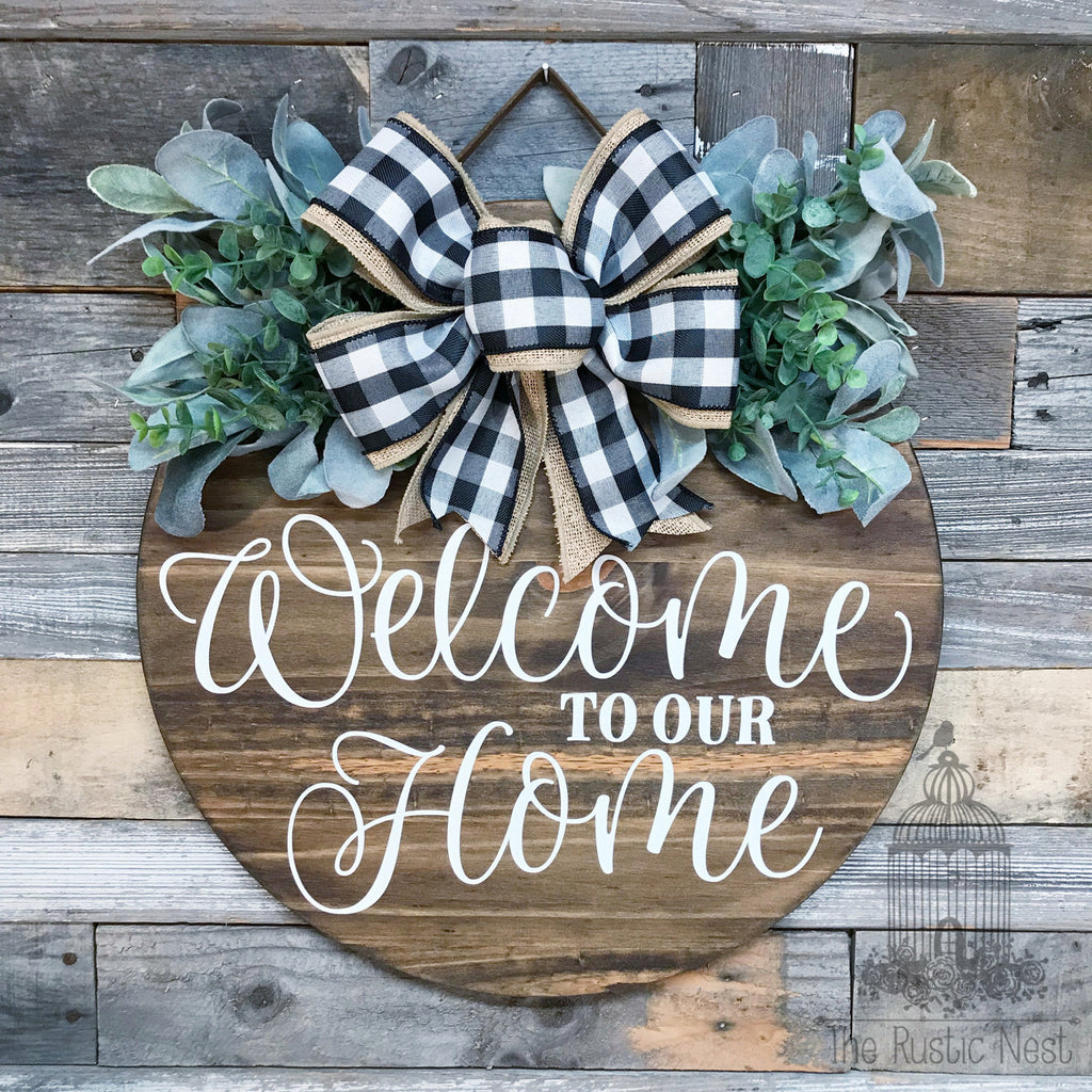 PAINTED Front Door Sign | Welcome to our home front door sign | Door Hanger | Round Door Hanger | Front Door Wreath | Welcome Sign