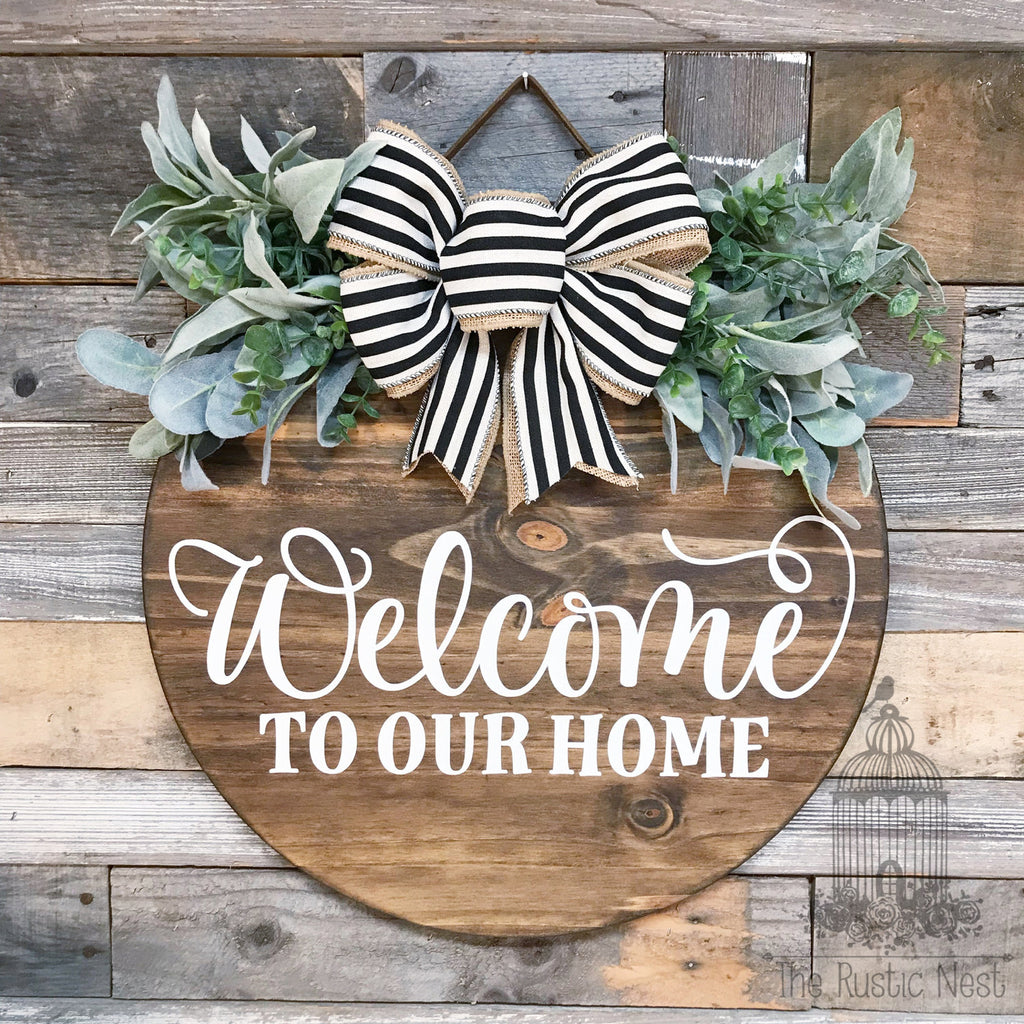 PAINTED Front Door Sign | Welcome to our home front door sign | Door Hanger | Round Door Hanger | Front Door Wreath | Welcome Sign