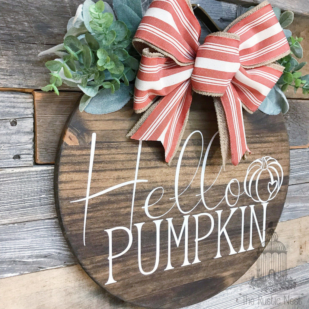 PAINTED Fall Front Door Sign | Hello Pumpkin Door Sign | Fall Door Hanger | Round Fall Door Sign | Fall Front Door Wreath | Fall Wreath Sign