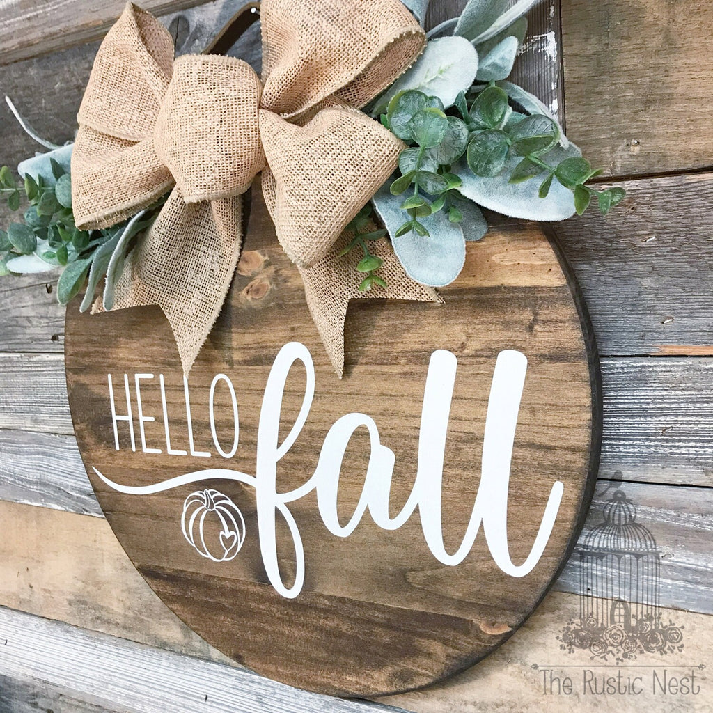 PAINTED Fall Front Door Sign | Hello Fall Door Sign | Fall Door Hanger | Round Fall Door Hanger | Fall Front Door Wreath | Fall Wreath Sign