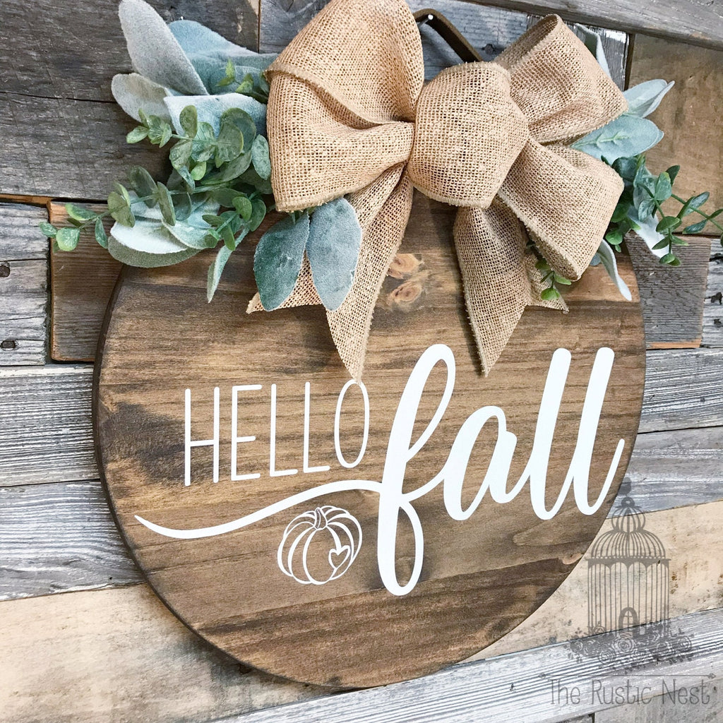 PAINTED Fall Front Door Sign | Hello Fall Door Sign | Fall Door Hanger | Round Fall Door Hanger | Fall Front Door Wreath | Fall Wreath Sign