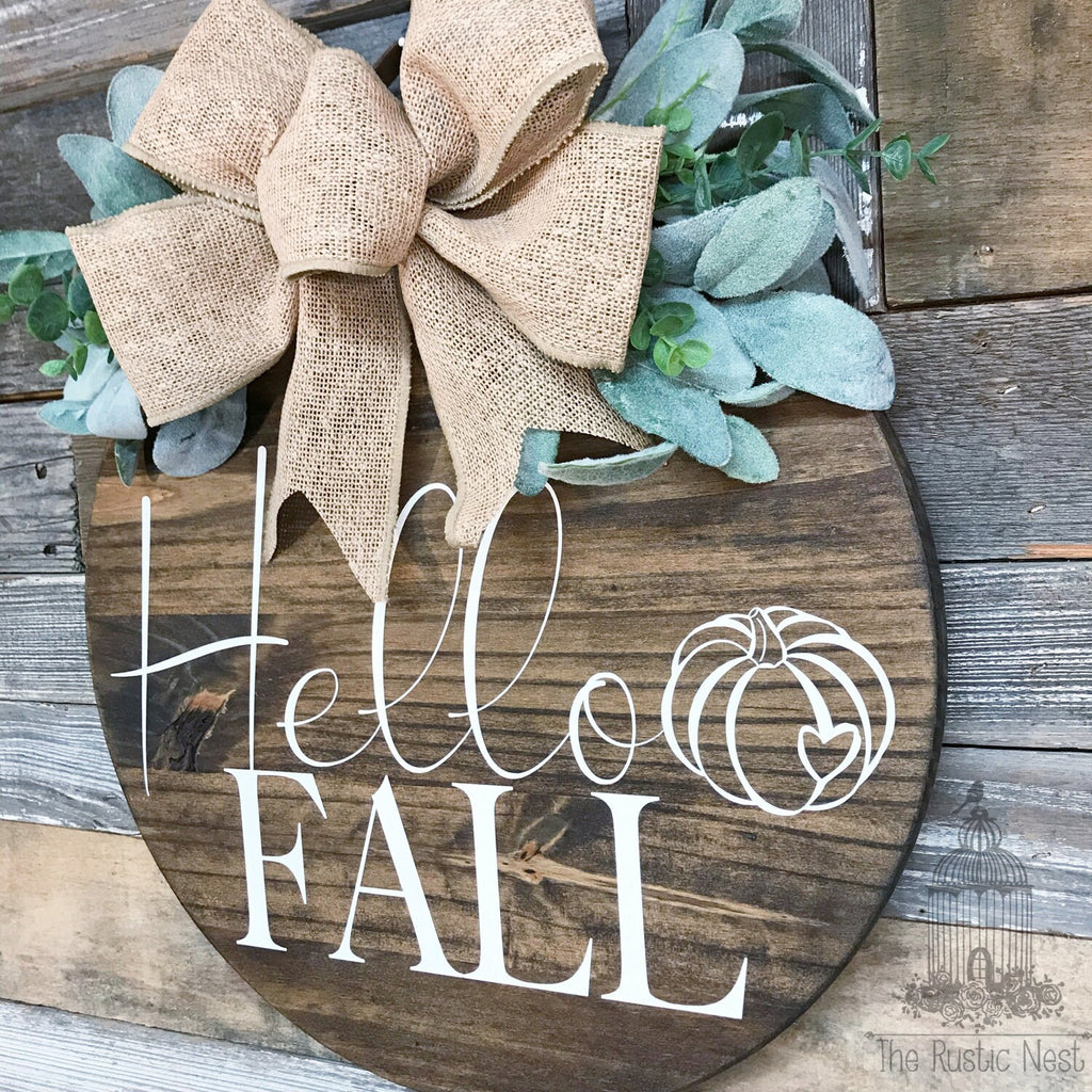 PAINTED Fall Front Door Sign | Hello Fall Door Sign | Fall Door Hanger | Round Fall Door Hanger | Fall Front Door Wreath | Fall Wreath Sign