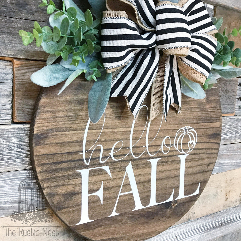 PAINTED Fall Front Door Sign | Hello Fall Door Sign | Fall Door Hanger | Round Fall Door Hanger | Fall Front Door Wreath | Fall Wreath Sign