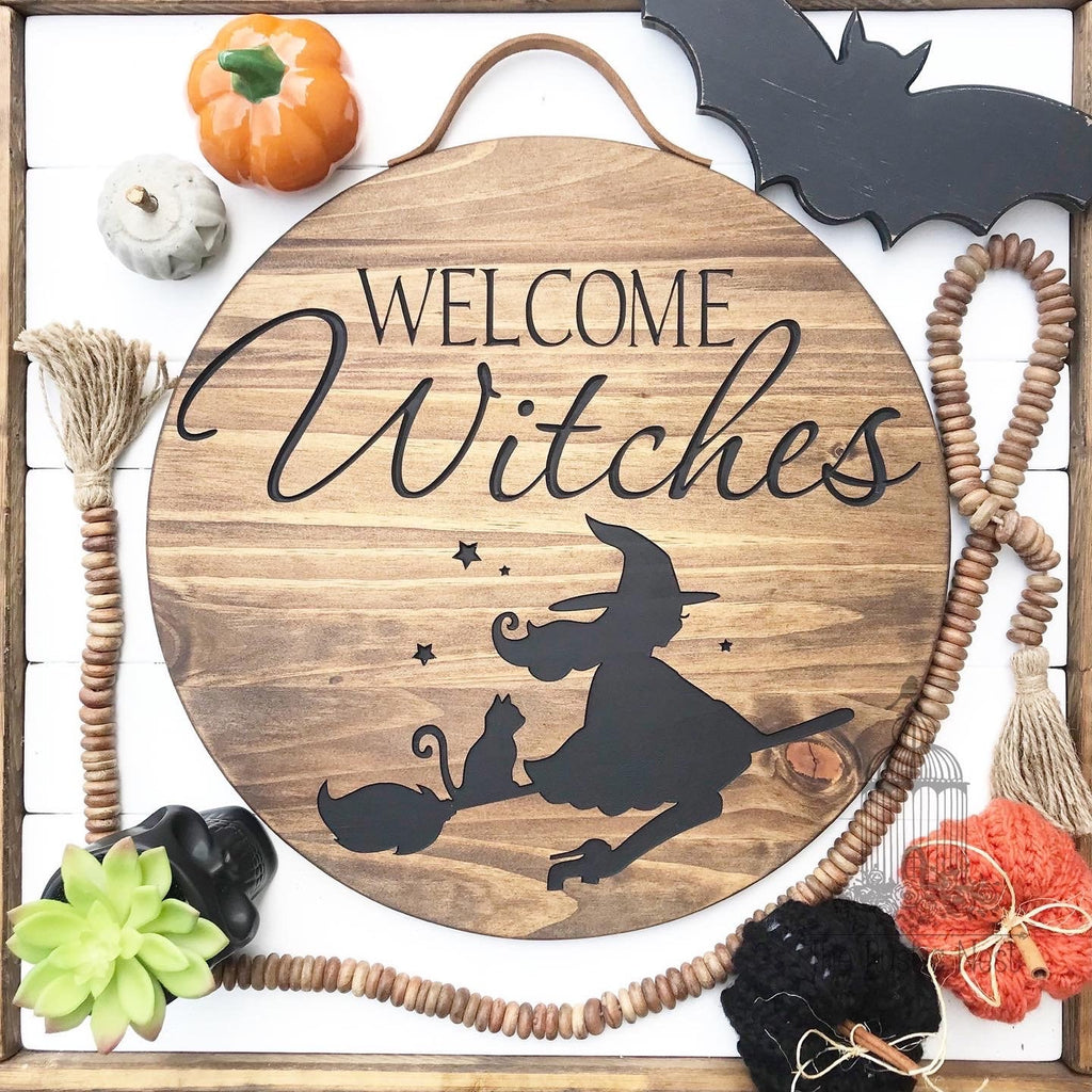 Halloween Front Door Sign | Engraved Halloween Sign | Welcome Witches Front Door Sign | Hello Witches | Round Sign