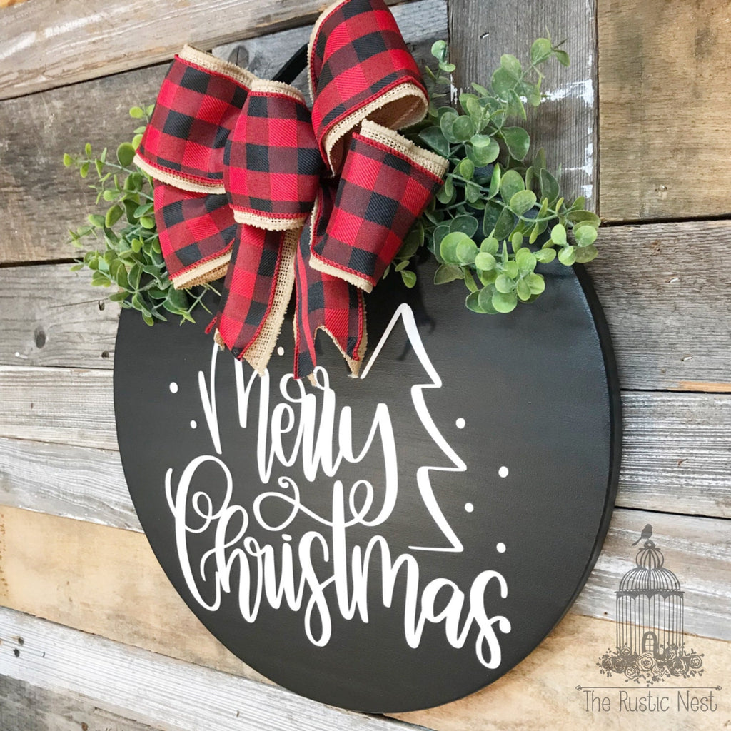 PAINTED Merry Christmas Door Sign | Christmas Door Hanger | Round Christmas Door Hanger | Front Door Wreath | Christmas Wreath | Door Sign