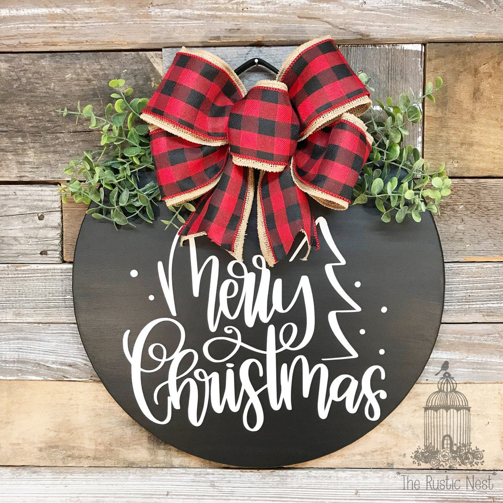 PAINTED Merry Christmas Door Sign | Christmas Door Hanger | Round Christmas Door Hanger | Front Door Wreath | Christmas Wreath | Door Sign