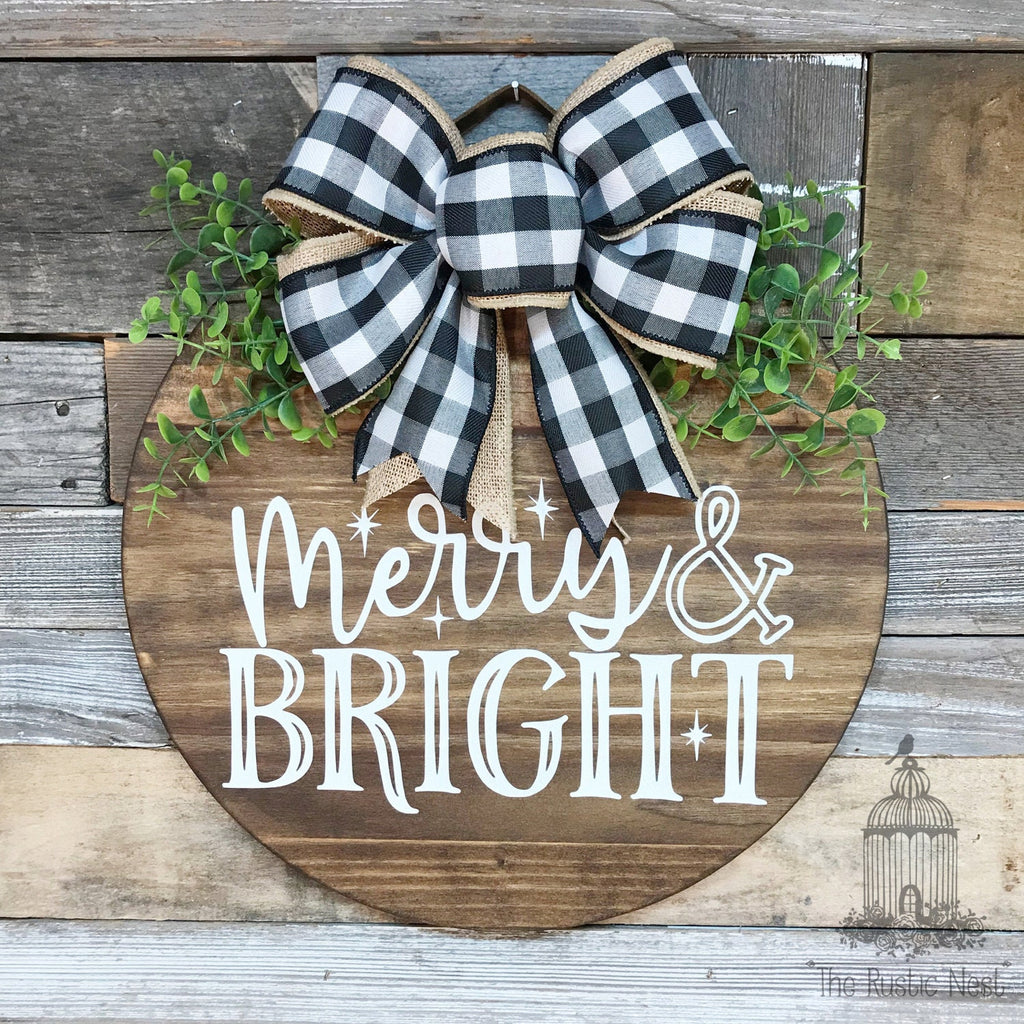 PAINTED Merry & Bright Front Door Sign | Christmas Door Hanger | Round Christmas Door Sign | Front Door Wreath | Christmas Wreath