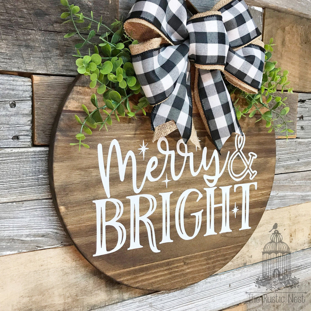 PAINTED Merry & Bright Front Door Sign | Christmas Door Hanger | Round Christmas Door Sign | Front Door Wreath | Christmas Wreath