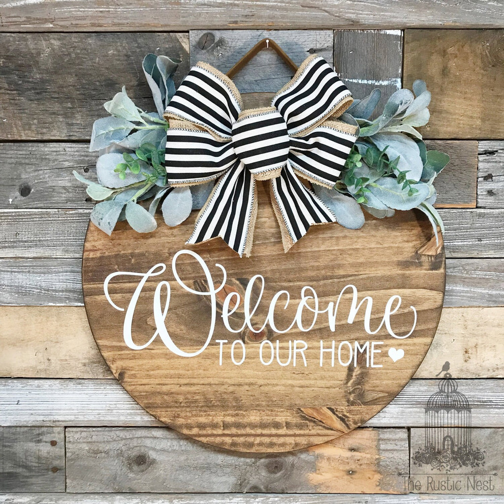 PAINTED Front Door Sign | Welcome to our home front door sign | Door Hanger | Round Door Hanger | Front Door Wreath | Welcome Sign