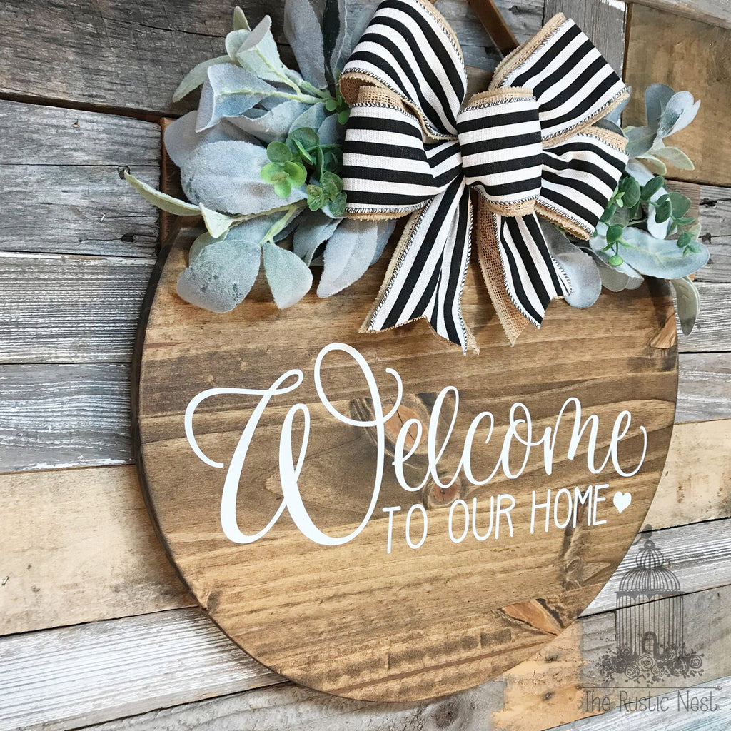 PAINTED Front Door Sign | Welcome to our home front door sign | Door Hanger | Round Door Hanger | Front Door Wreath | Welcome Sign