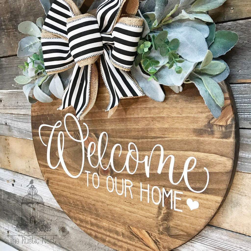 PAINTED Front Door Sign | Welcome to our home front door sign | Door Hanger | Round Door Hanger | Front Door Wreath | Welcome Sign