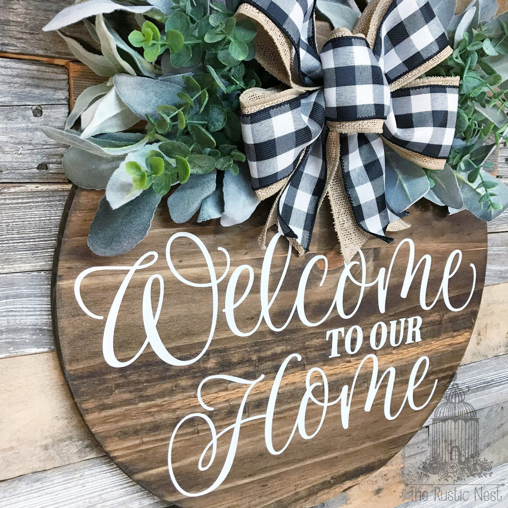 PAINTED Front Door Sign | Welcome to our home front door sign | Door Hanger | Round Door Hanger | Front Door Wreath | Welcome Sign