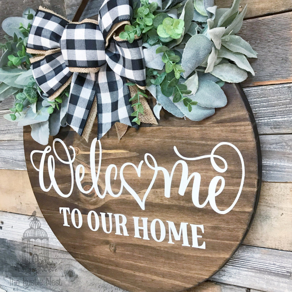 PAINTED Front Door Sign | Welcome to our home front door sign | Door Hanger | Round Door Hanger | Front Door Wreath | Welcome Sign