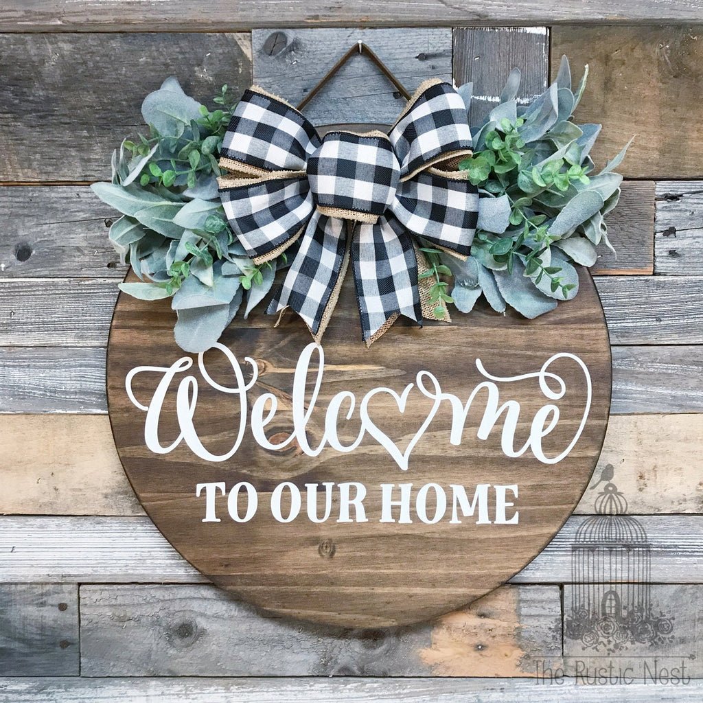 PAINTED Front Door Sign | Welcome to our home front door sign | Door Hanger | Round Door Hanger | Front Door Wreath | Welcome Sign