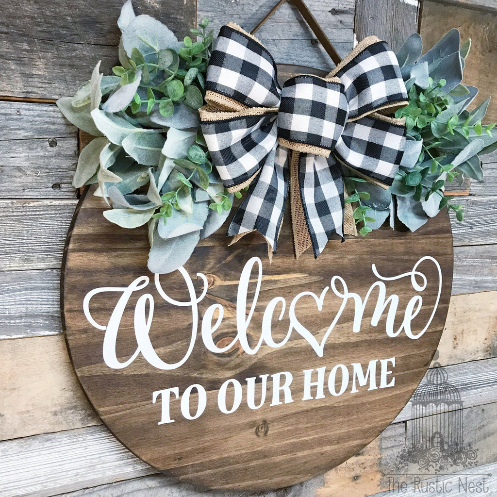 PAINTED Front Door Sign | Welcome to our home front door sign | Door Hanger | Round Door Hanger | Front Door Wreath | Welcome Sign