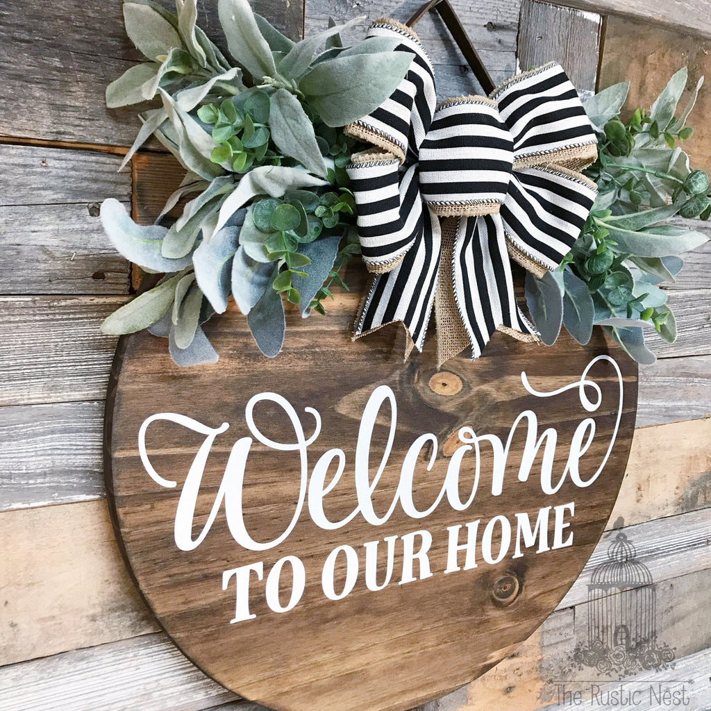 PAINTED Front Door Sign | Welcome to our home front door sign | Door Hanger | Round Door Hanger | Front Door Wreath | Welcome Sign