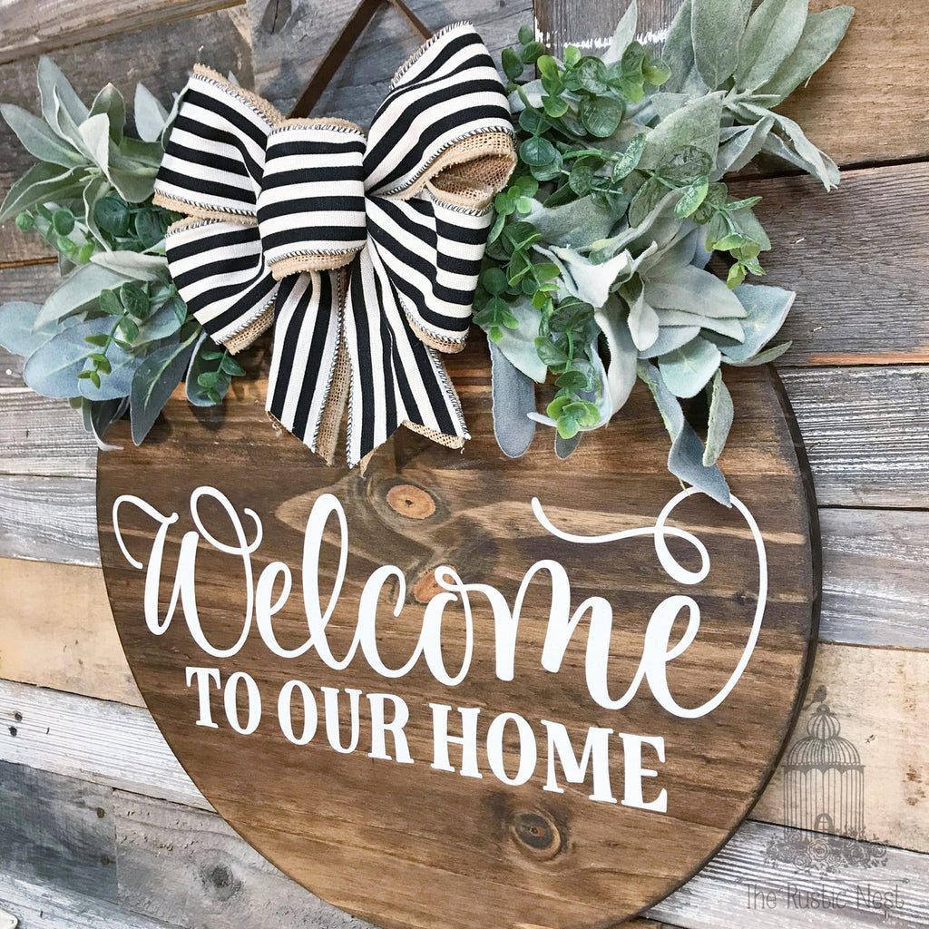 PAINTED Front Door Sign | Welcome to our home front door sign | Door Hanger | Round Door Hanger | Front Door Wreath | Welcome Sign