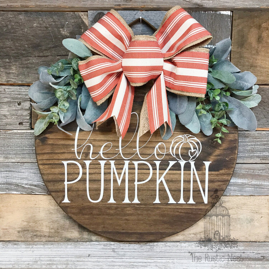 PAINTED Fall Front Door Sign | Hello Pumpkin Door Sign | Fall Door Hanger | Round Fall Door Sign | Fall Front Door Wreath | Fall Wreath Sign