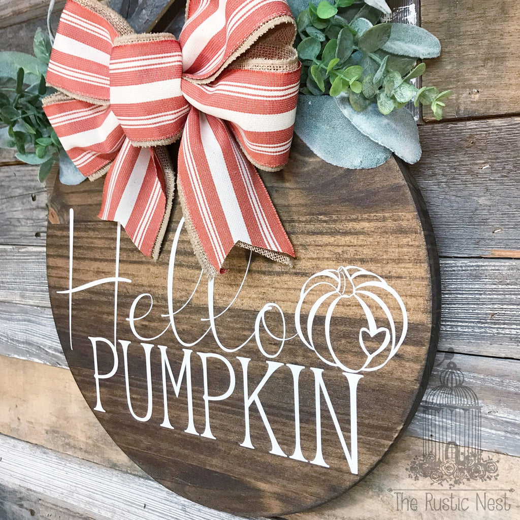 PAINTED Fall Front Door Sign | Hello Pumpkin Door Sign | Fall Door Hanger | Round Fall Door Sign | Fall Front Door Wreath | Fall Wreath Sign