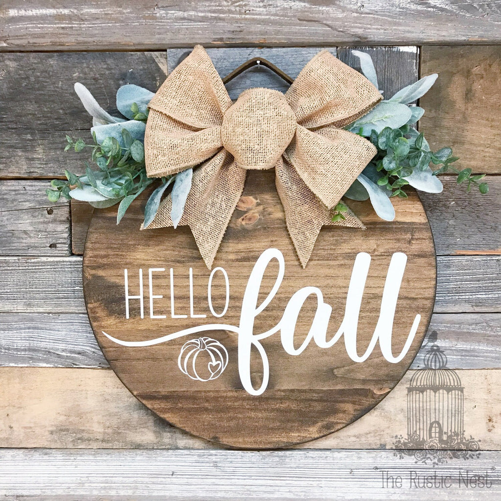 PAINTED Fall Front Door Sign | Hello Fall Door Sign | Fall Door Hanger | Round Fall Door Hanger | Fall Front Door Wreath | Fall Wreath Sign