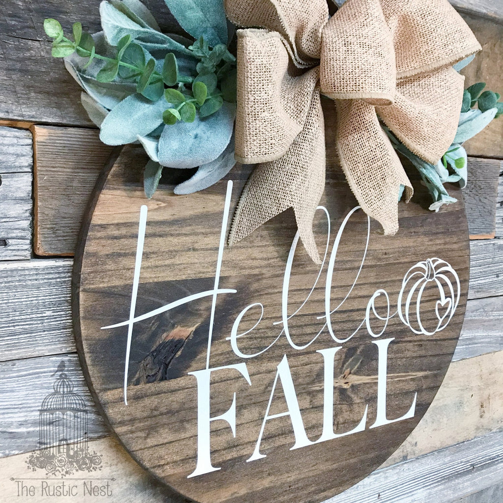 PAINTED Fall Front Door Sign | Hello Fall Door Sign | Fall Door Hanger | Round Fall Door Hanger | Fall Front Door Wreath | Fall Wreath Sign