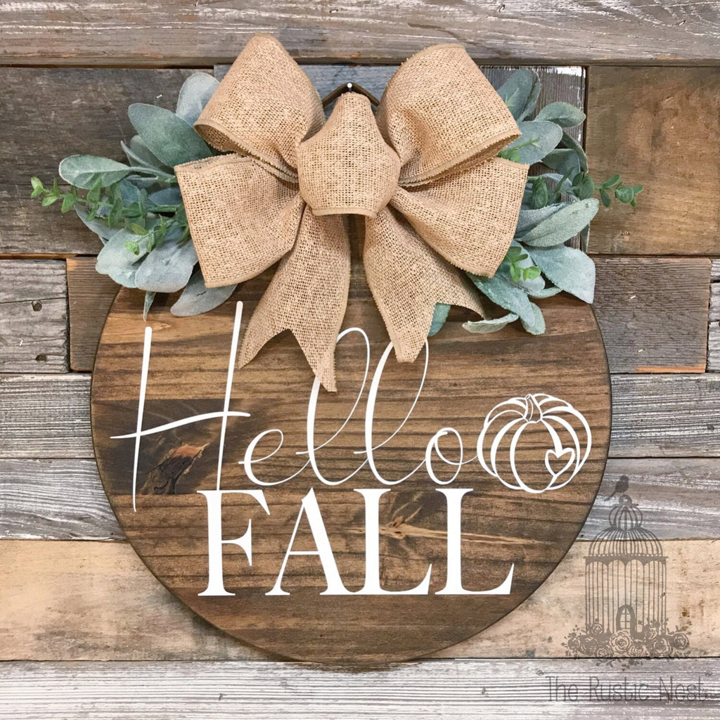 PAINTED Fall Front Door Sign | Hello Fall Door Sign | Fall Door Hanger | Round Fall Door Hanger | Fall Front Door Wreath | Fall Wreath Sign