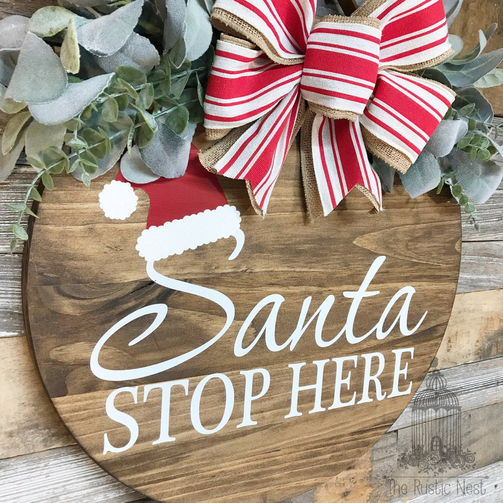 PAINTED Santa Stop Here Door Sign | Christmas Door Hanger | Round Christmas Door Hanger | Front Door Wreath | Christmas Wreath | Door Sign