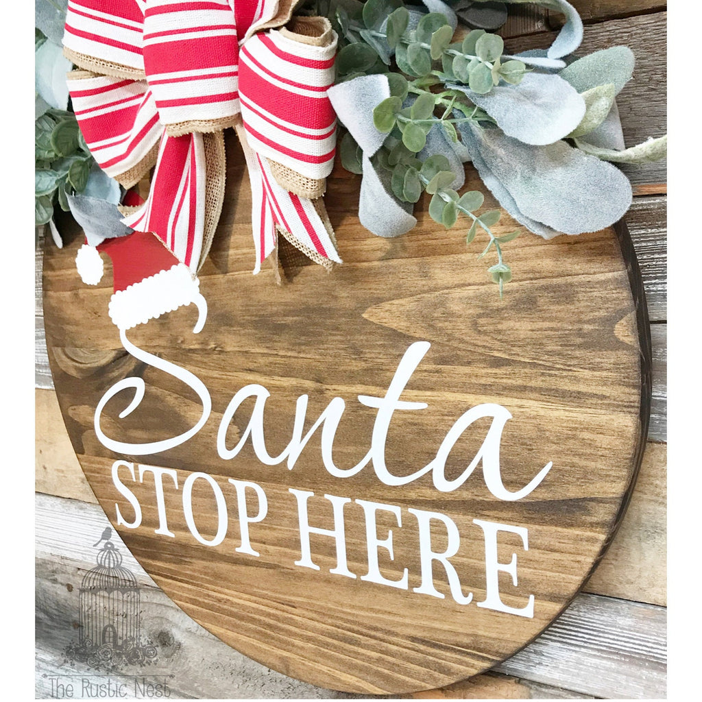 PAINTED Santa Stop Here Door Sign | Christmas Door Hanger | Round Christmas Door Hanger | Front Door Wreath | Christmas Wreath | Door Sign