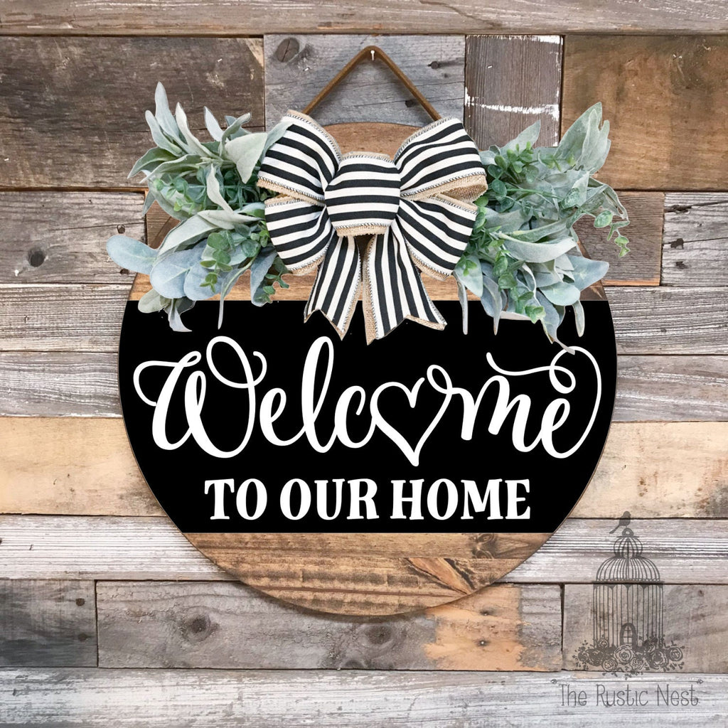 PAINTED Front Door Sign | Welcome to our home front door sign | Door Hanger | Round Door Hanger | Front Door Wreath | Welcome Sign