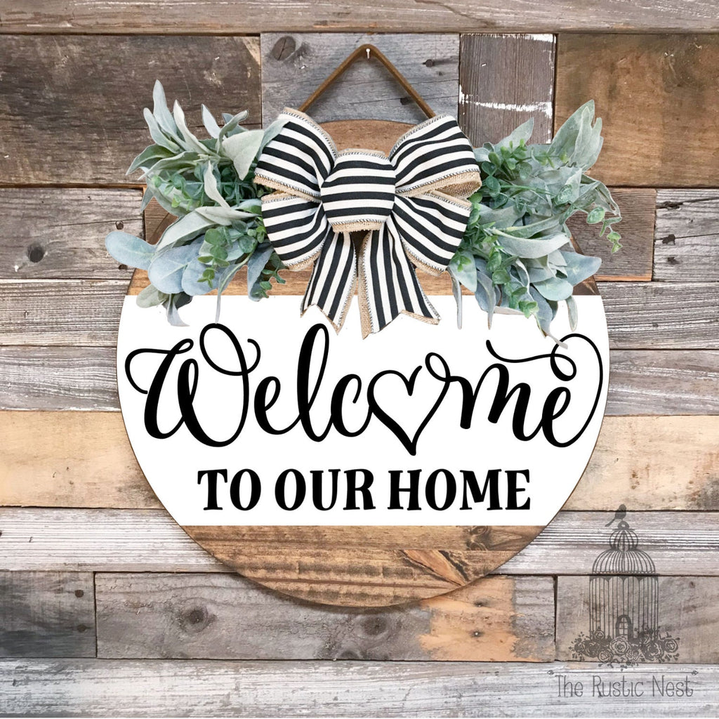 PAINTED Front Door Sign | Welcome to our home front door sign | Door Hanger | Round Door Hanger | Front Door Wreath | Welcome Sign