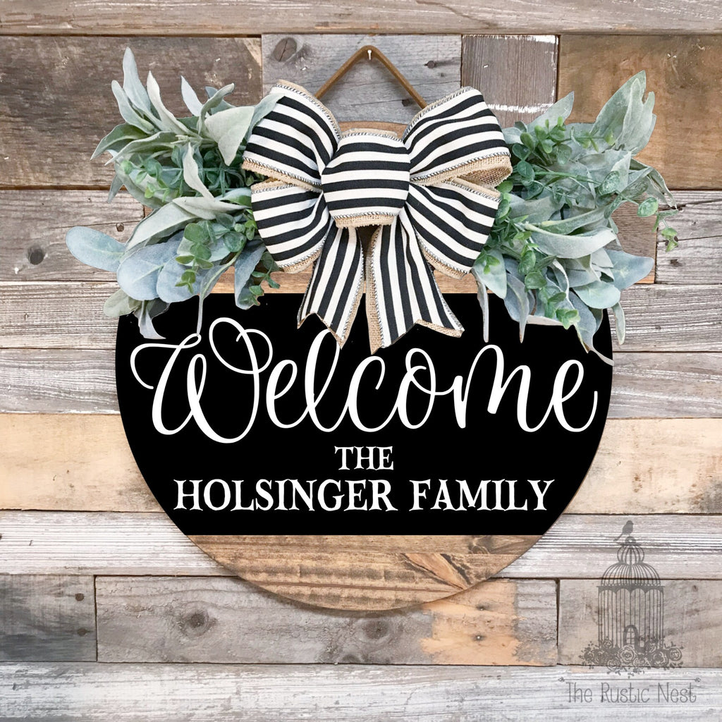 PAINTED Front Door Sign | Personalized Welcome Front Door Sign | Round Welcome Door Hanger | Front Door Wreath | Round Welcome Sign