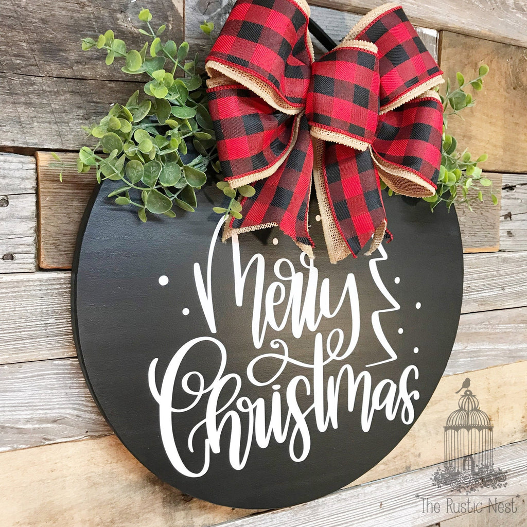 PAINTED Merry Christmas Door Sign | Christmas Door Hanger | Round Christmas Door Hanger | Front Door Wreath | Christmas Wreath | Door Sign