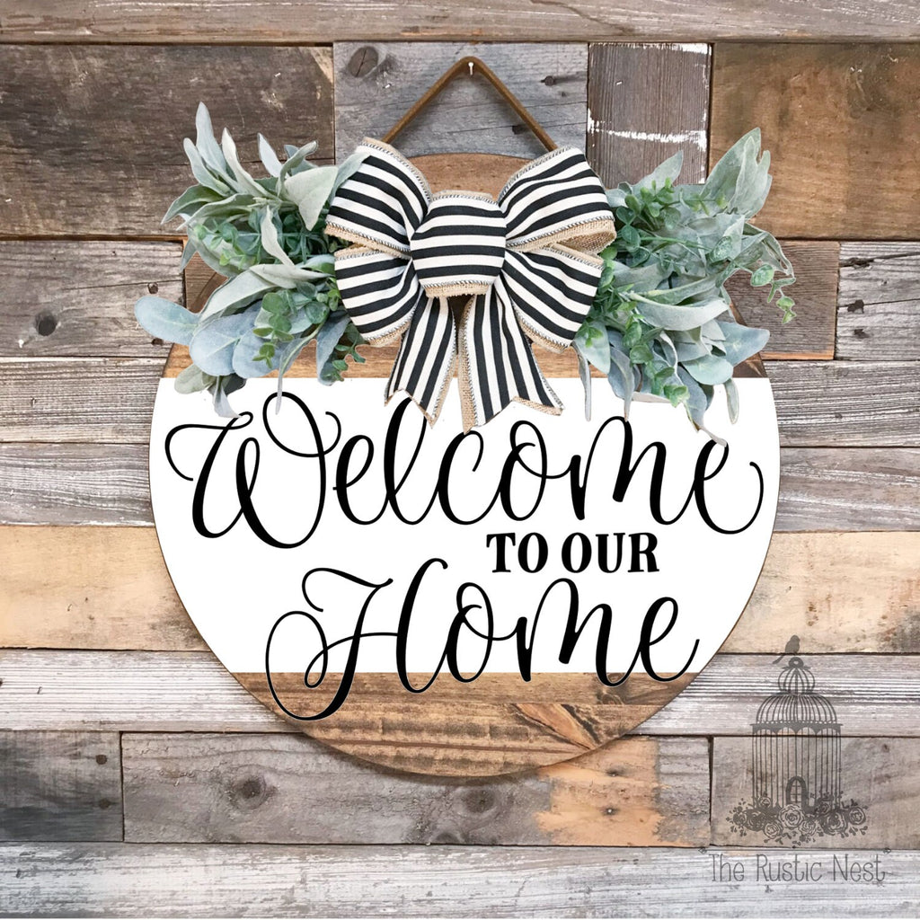 PAINTED Front Door Sign | Welcome to our home front door sign | Door Hanger | Round Door Hanger | Front Door Wreath | Welcome Sign