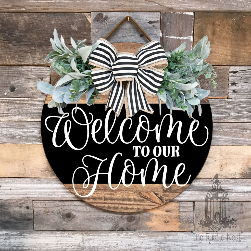 PAINTED Front Door Sign | Welcome to our home front door sign | Door Hanger | Round Door Hanger | Front Door Wreath | Welcome Sign