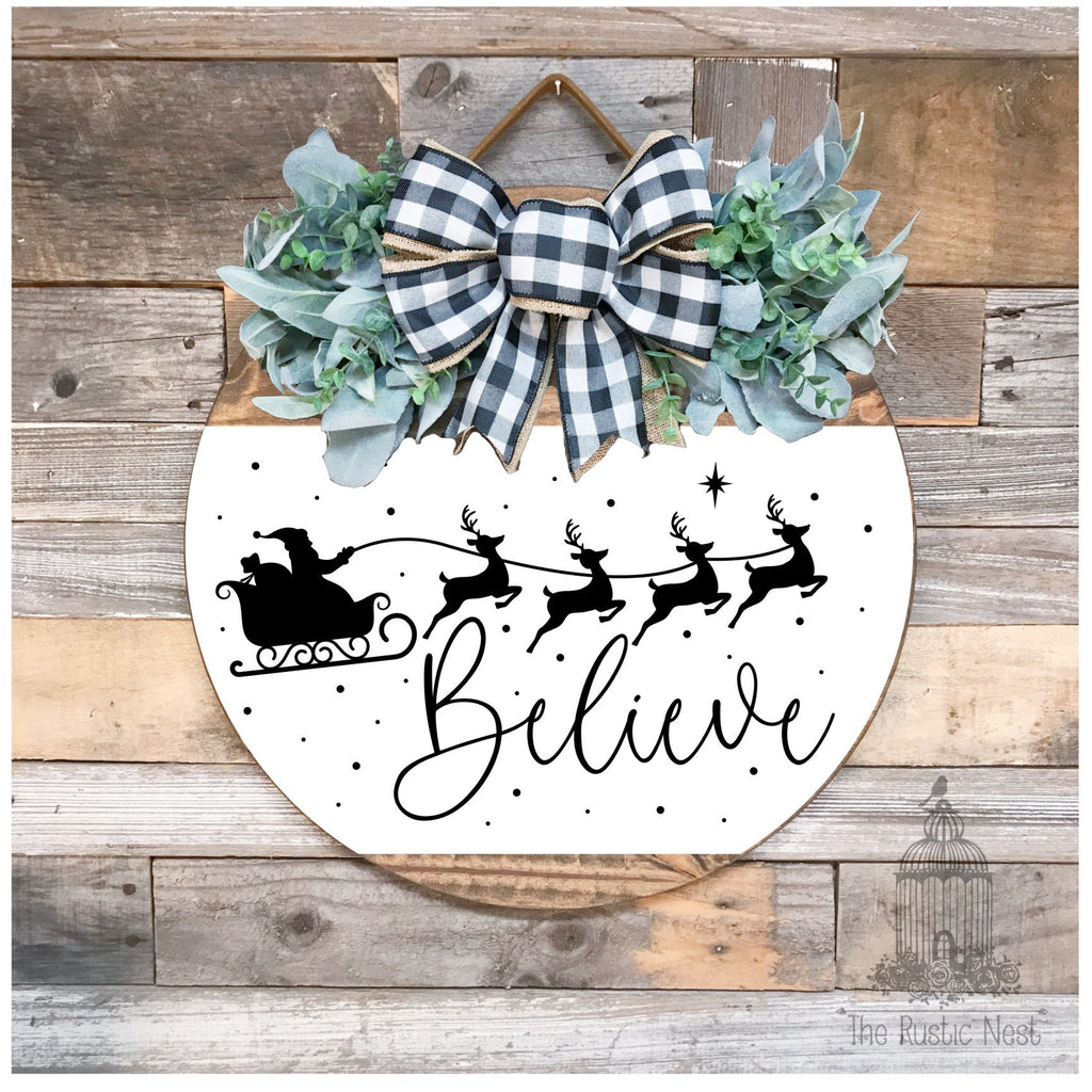 PAINTED Believe Door Sign | Christmas Door Hanger | Round Sign | Front Door Wreath | Christmas Wreath | Door Sign | Believe Christmas Sign